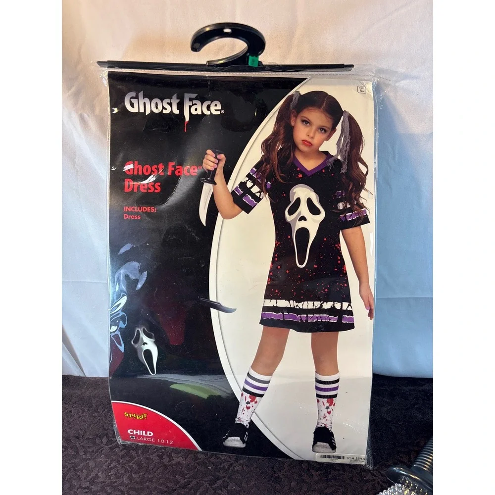 Spirit Halloween Ghost Face Dress Costume Kids Large 10-12 Scream Jersey & Knife